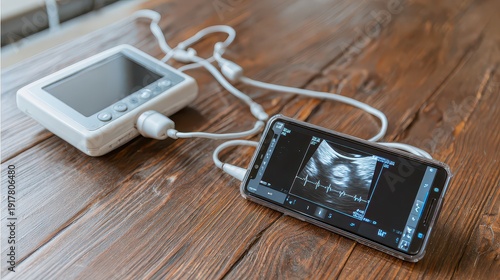 Medical Ultrasound Device and Smartphone on Wooden Table Surface