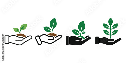 Four Icons Showing Hand Holding a Growing Plant in Different Styles