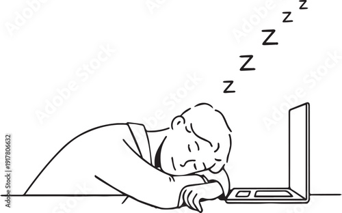 Person sleeping at desk with laptop cartoon illustration fatigue exhaustion burnout rest relaxation vector design