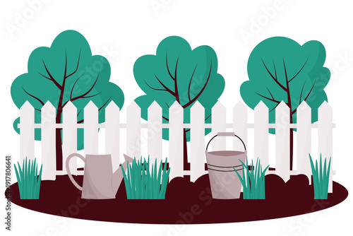 gardening illustration with fence and green trees
