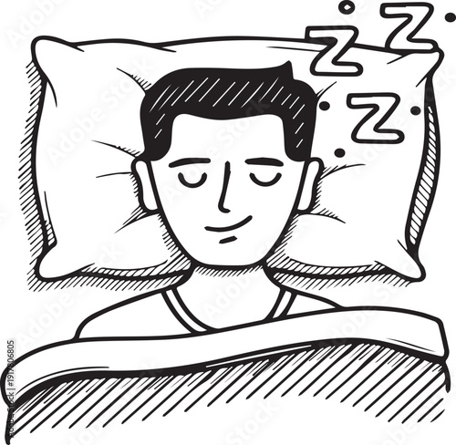 Sleeping person cartoon illustration with pillow blanket peaceful rest Z symbols nighttime relaxation vector design