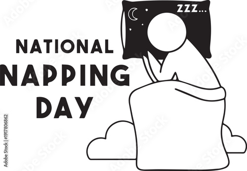National Napping Day illustration with sleeping figure bed pillow moon stars clouds rest wellness campaign vector design