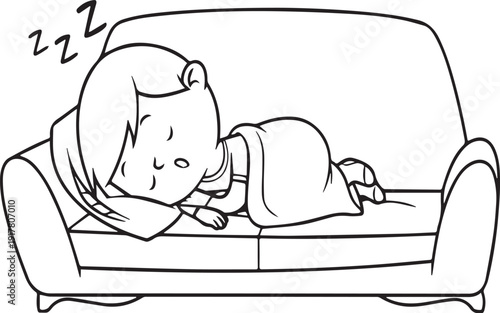 Child sleeping on couch cartoon illustration with pillow blanket peaceful rest comfort relaxation vector design