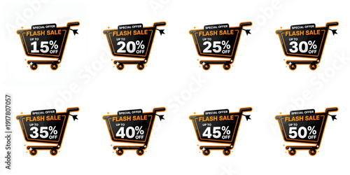 Shopping carts with sale labels and flash promotions for business advertising