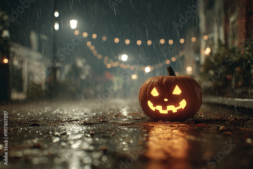 Glowing carved Halloween pumpkin jack o lantern on wet street at night with rain and blurred festive lights creating spooky and mysterious atmosphere