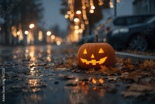 Glowing pumpkin lantern with carved face on wet street surrounded by autumn leaves and blurred city lights creating cozy and festive Halloween atmosphere