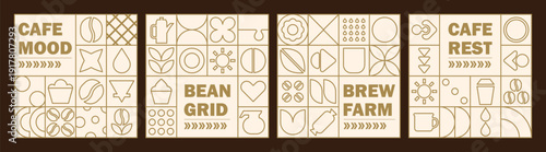 Abstract coffee bakery set mosaic with line geometric cup and sweet shapes.