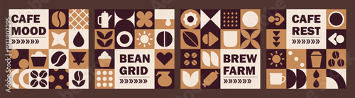 Geometric set cafe mosaic featuring coffee pattern and bakery geometry.