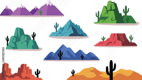 Desert landscapes with mountains and cacti, minimalist vector artwork representing dry landscapes, southwestern deserts, natural vegetation, scenic backgrounds, outdoor adventure, and creative or 