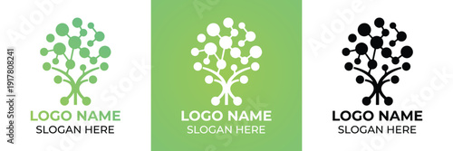 Vector illustration of three stylized tree logos in green and black, each with unique branch structures and placeholder text for logo name and slogan.