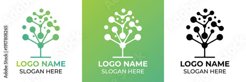 Vector illustration showing three stages of tree growth for logo design, each with placeholder text for logo name and slogan.