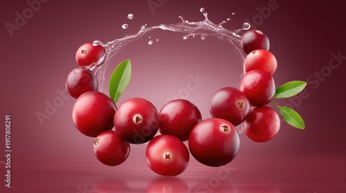 Fresh Cranberries Splashing in Water with Green Leaves on a Gradient Background, Perfect for Food and Beverage Visuals