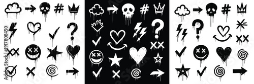 A diverse set of 50+ black and white vector icons depicting emotions, symbols, and decorative elements for design projects.