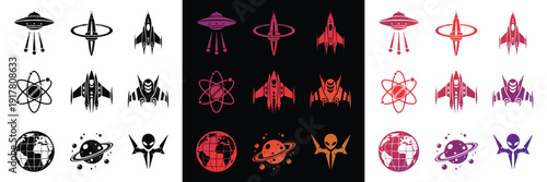 A set of 24 vibrant sci-fi vector icons featuring spaceships, aliens, planets, and atomic symbols in black and pink themes.