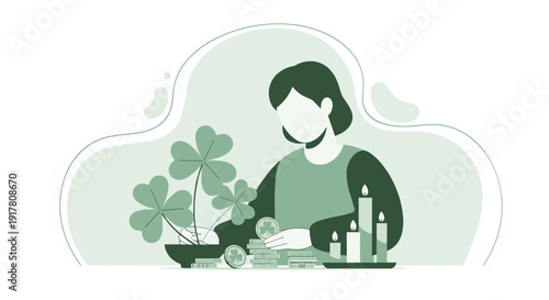 Woman surrounded by coins and four-leaf clover plant symbolizing financial growth, Generative AI.