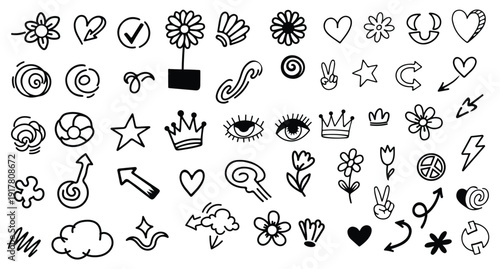 Hand drawn black and white love romance doodles set isolated on white background vector illustration