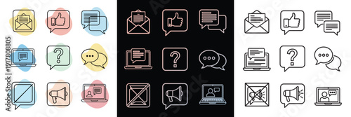 A collection of 24 vector icons depicting digital communication, security, and technology concepts in both colorful and monochrome styles.