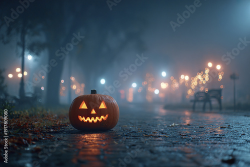 Jack o lantern glowing on wet cobblestone path in foggy park at night with blurred lights and benches creating mysterious and festive Halloween atmosphere