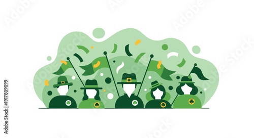 St Patrick's Day celebration with green-clad people waving flags, Generative AI.