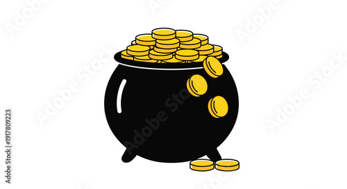 Vibrant cartoon cauldron overflowing with shiny gold coins on white background, Generative AI.