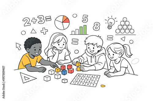 Math Lesson Collaboration. Classroom math lesson. Small group gathered around desk, counting blocks, charts,