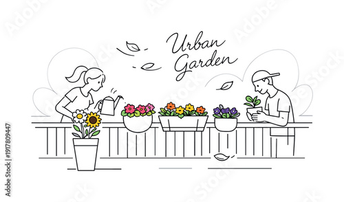 Flower pot balcony decor. Minimal balcony scene with several stylish flower pots arranged along the railing,