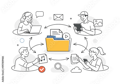 Collaborative File Sharing. Shared Files Management. Multiple users connected to a central folder, arrows