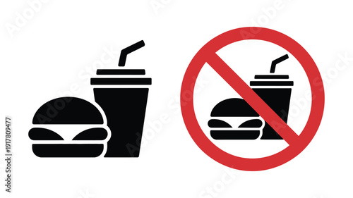 Fast food and drinks prohibited sign, vector illustration with red prohibition symbol over black icons on white background, representing unhealthy eating restrictions, dietary guidelines, health aware