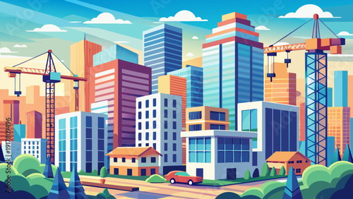 Very beautiful panoramic scene of cranes overseeing modern apartment buildings under construction, highlighting rapid urban growth, real estate expansion, and contemporary residential development in a