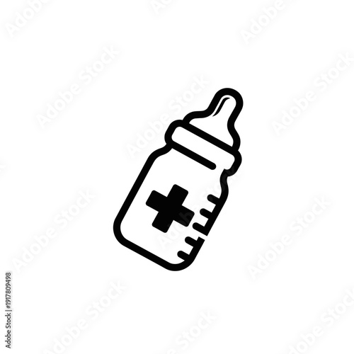 Baby bottle with medical cross symbol, healthcare, nutrition, baby care icon, black and white