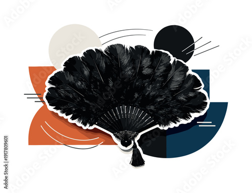 Elegant Black Feather Fan. Black feather fan portrayed as an elegant surreal object, realistic black feather