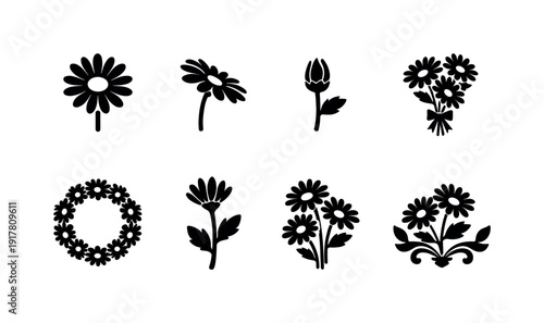 April daisy birth flower outline. Filled icon set of April daisy birth flower outline: single daisy bloom,