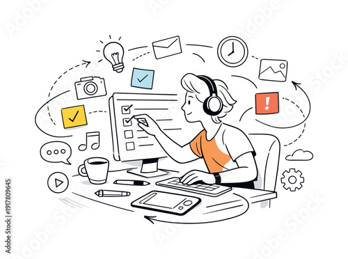 Dynamic Workflow Desk. Creative freelancer desk. Person adjusting tasks on a screen, sticky notes and icons