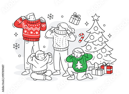 Christmas morning outfits. Family members pulling on warm sweaters near a decorated corner, subtle gift and