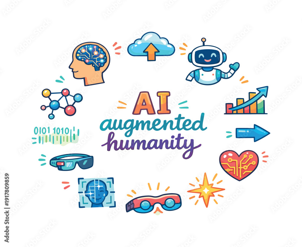 Obraz premium AI augmented humanity. Hand drawn illustration of AI augmented humanity. human head profile, digital brain,