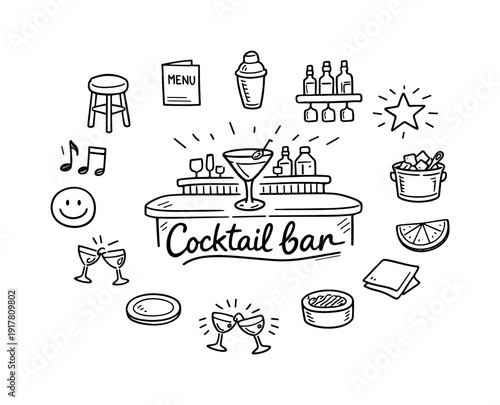 Cocktail Bar Doodles. Cocktail bar culture. Hand-drawn doodle illustration of cocktail bar culture. In the