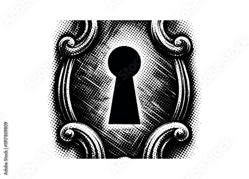 A macro view of an antique keyhole plate, decorative contours and scratches translated into dense halftone