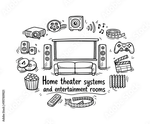 Home theater systems and entertainment rooms. Hand-drawn doodle illustration of Home theater systems and