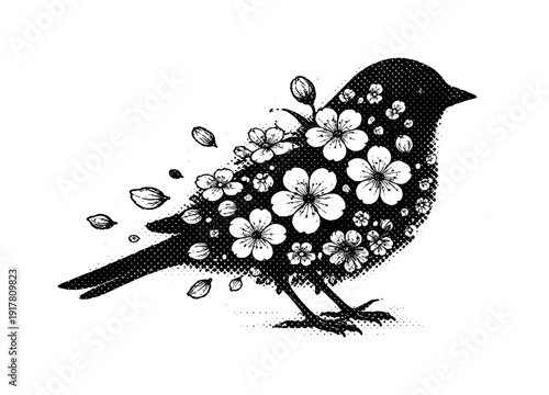 Silhouette of a sparrow integrated with cherry blossom petals forming a unified shape, monochrome halftone