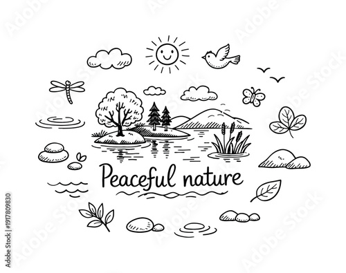 Peaceful nature. Hand-drawn doodle illustration of Peaceful nature. In the middle, one slightly larger central
