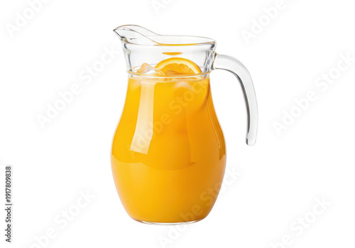 A glass pitcher filled with orange juice featuring a transparent background