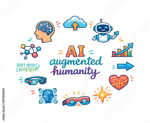 AI augmented humanity. Hand drawn illustration of AI augmented humanity. human head profile, digital brain,