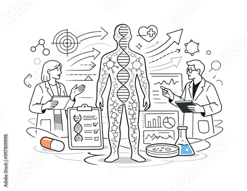 Future of genetics and medicine. Human silhouette filled with DNA patterns, scientists