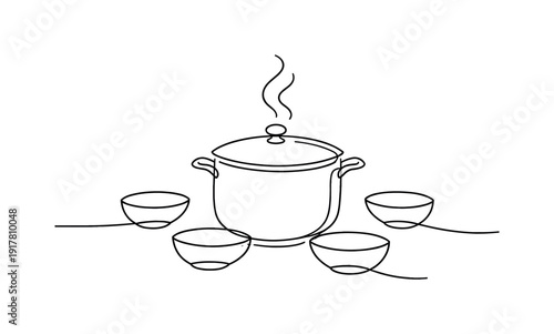 Shared Comfort Meal. Minimalistic one-line drawing pot surrounded by simple bowls symbolizing communal dining,