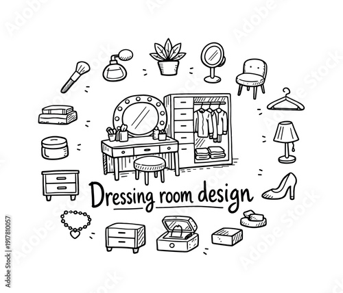 Dressing room design. Hand-drawn doodle illustration of Dressing room design. In the middle, one slightly