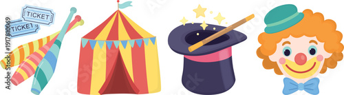 Colorful juggling pins, striped tent, magician’s hat, red‑haired clown and entry tickets. Set with circus elements isolated on white 