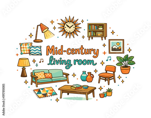 Mid-century living room. Hand drawn illustration of Mid-century living room. sofa with wooden frame, coffee