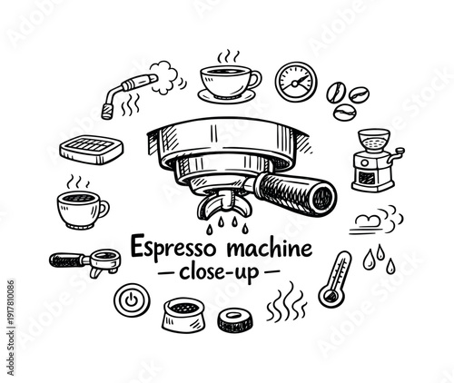 Espresso Machine Illustration. Espresso machine close-up. Hand-drawn doodle illustration of Espresso machine