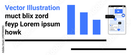 Data analytics, social media, performance tracking, mobile applications, marketing metrics, technology. Smartphone screen showing graphs and social media icons. Data analytics and social media