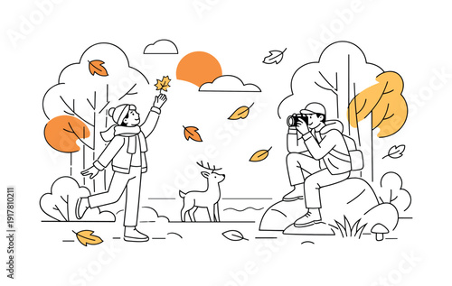 Autumn Nature Photography. Golden leaves drifting slowly through the air, tall trees glowing